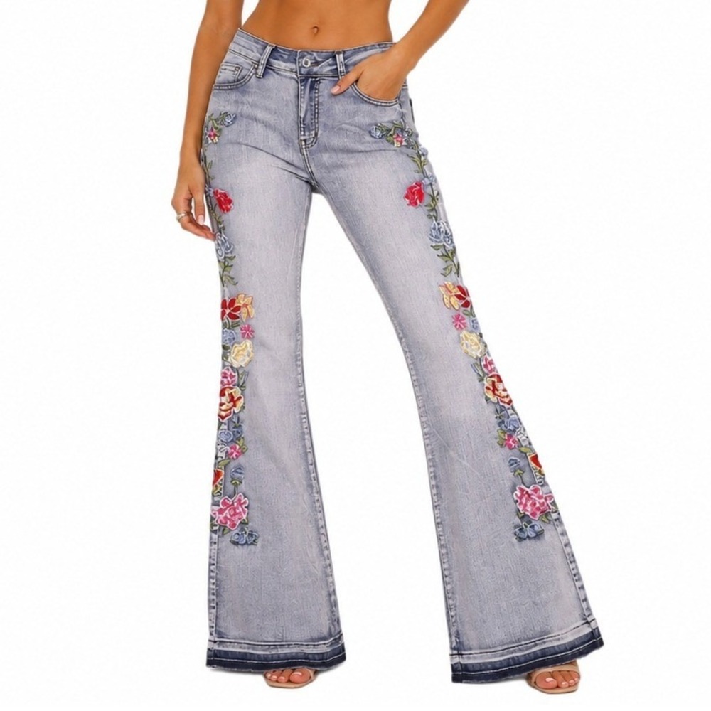 Chartou Flare Jeans Womens L Light Wash Floral Embroidered Bell Bottoms Boho New